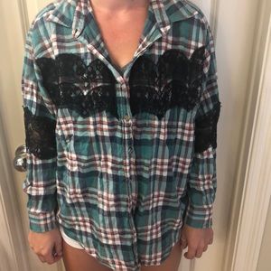 plaid flannel with lace on the sleeves and front